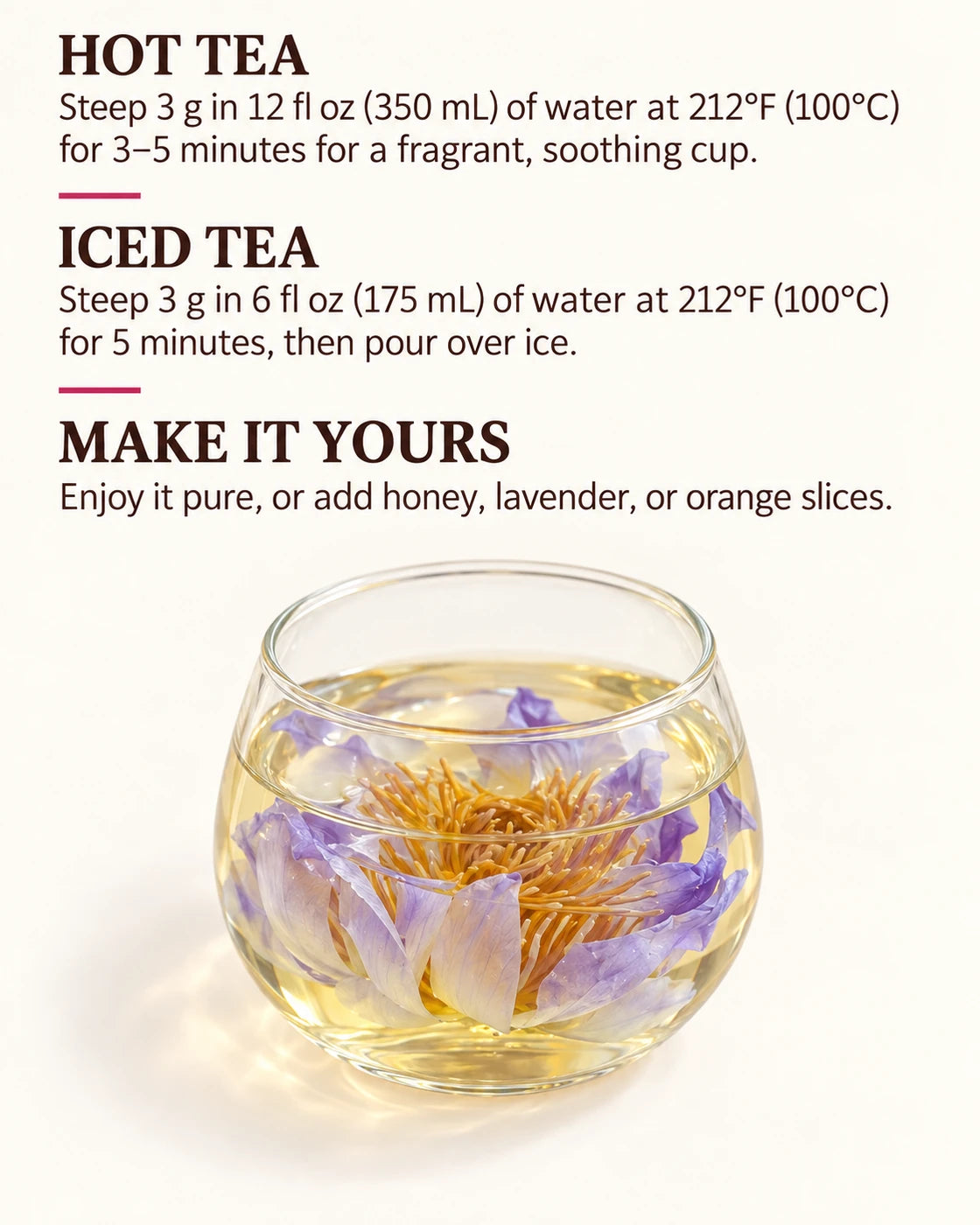 Blue lotus flower tea brewing guide with hot and iced instructions and serving suggestions, above a glass of floral tea.