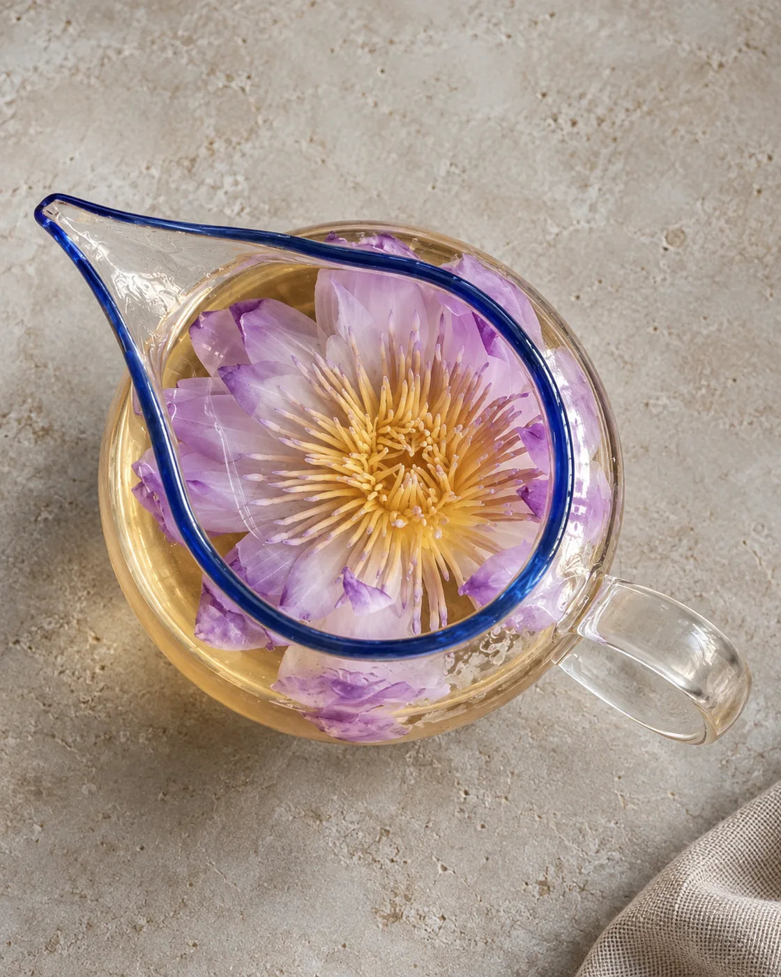 Overhead view of a whole blue lotus flower with purple petals and a golden center in a blue-rimmed glass pitcher of tea.