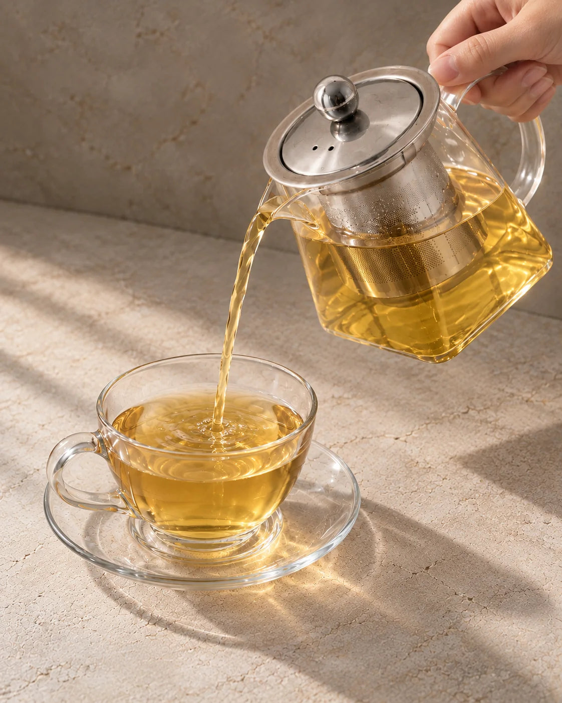 Jasmine Snow green tea poured from a glass teapot into a clear cup on a matching saucer.