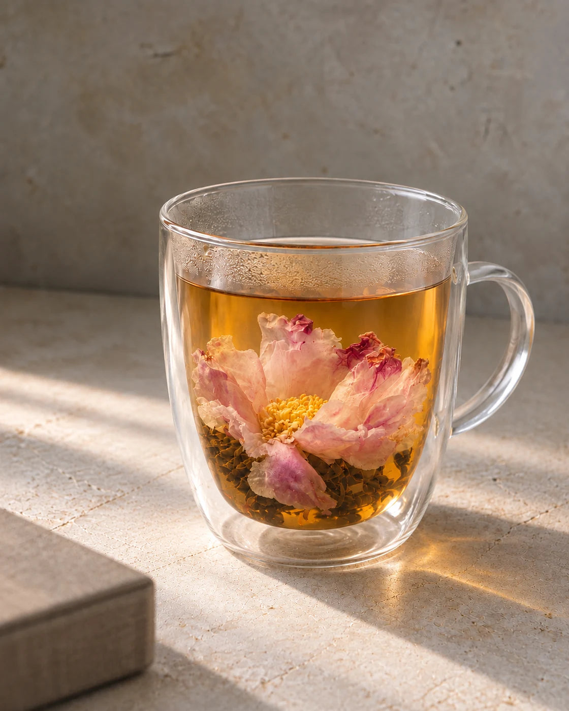 Pink peony blooming black tea in a double-walled glass mug, with open petals surrounding a golden flower center.