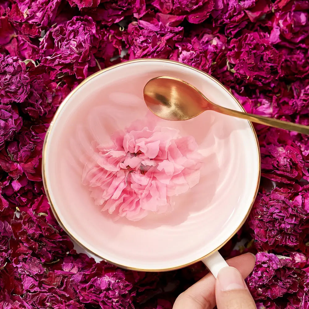 A whole pink rose steeping in a gold-rimmed teacup, surrounded by dried Pingyin roses.