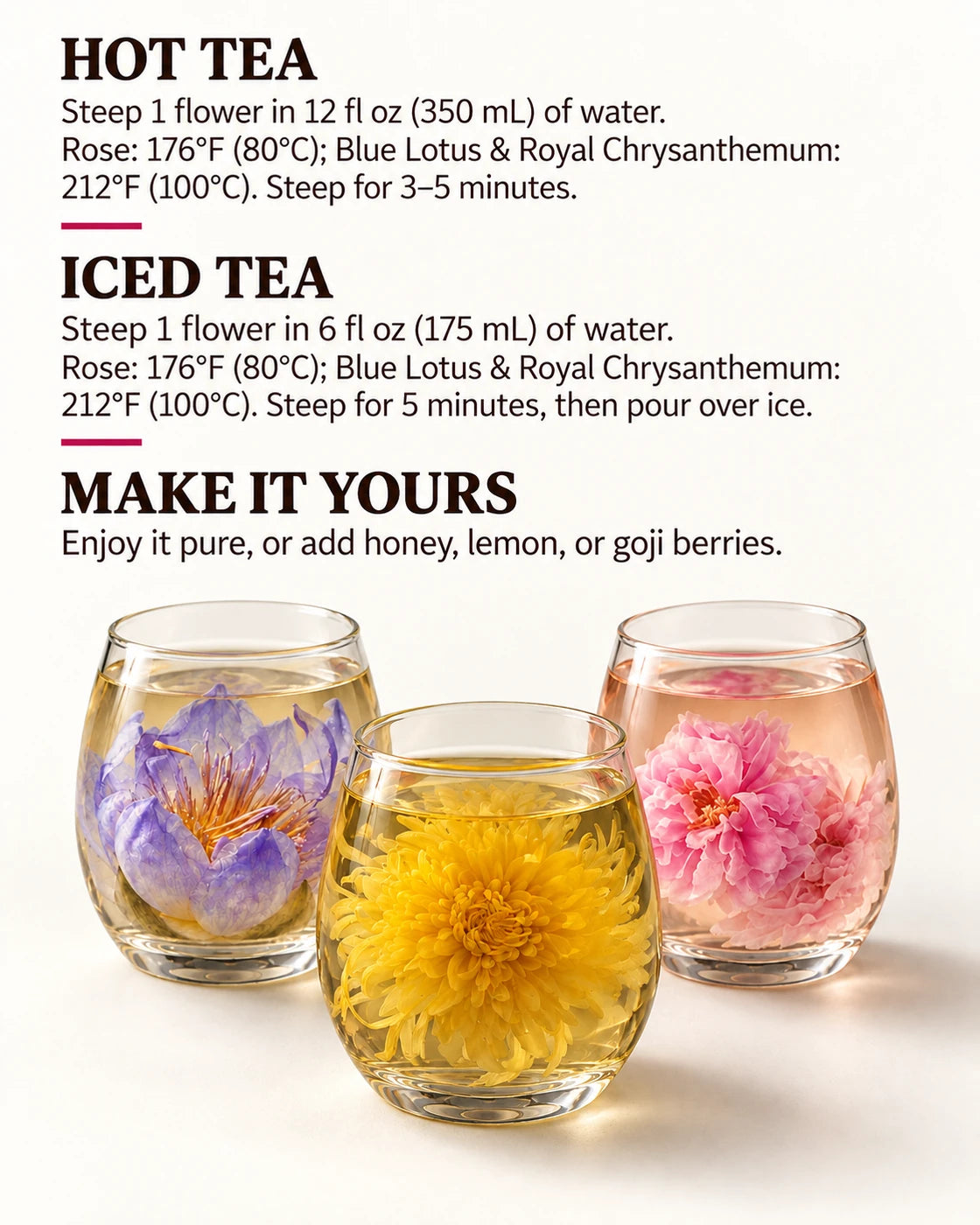 Signature Bloom Trio brewing guide with hot and iced instructions for rose, royal chrysanthemum and blue lotus teas.