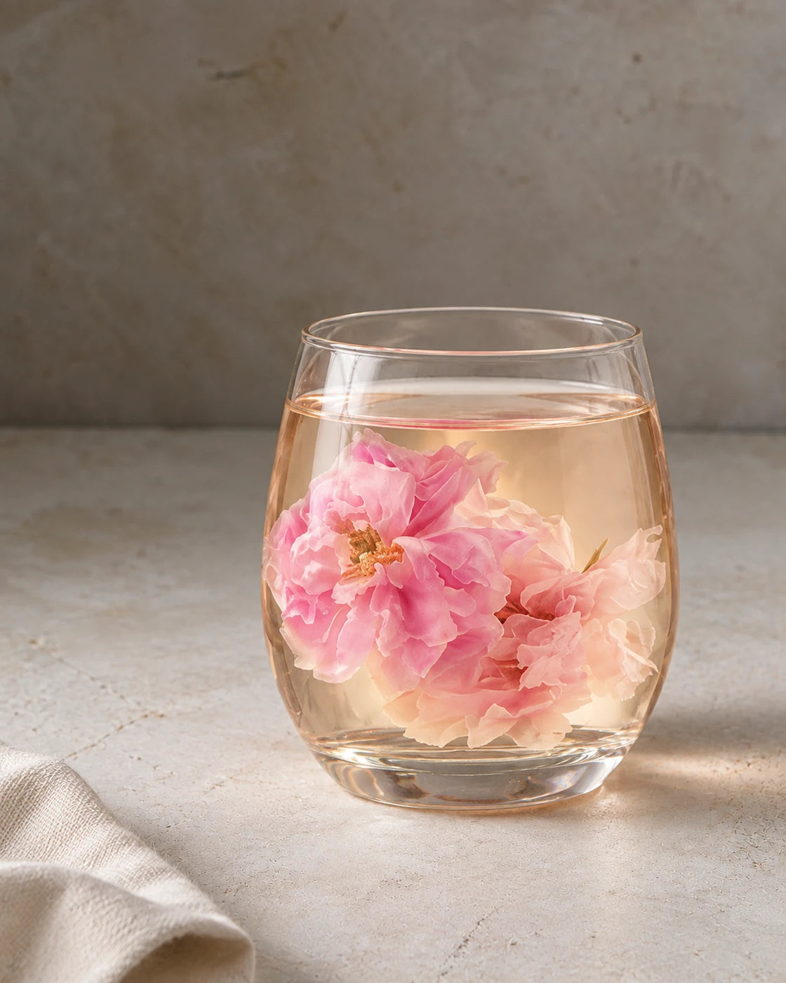 Whole pink rose blossoms steeping in a delicate pink infusion in a clear glass tumbler.