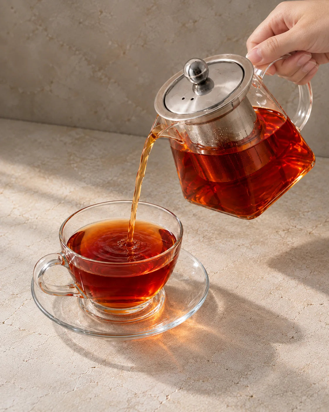 A hand tilts a glass teapot to pour ruby-red sticky rice pu-erh into a clear cup on a glass saucer.