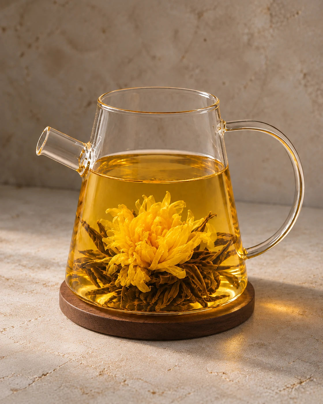 Chrysanthemum flowering black tea unfurled in a clear glass teapot on a round wooden coaster.