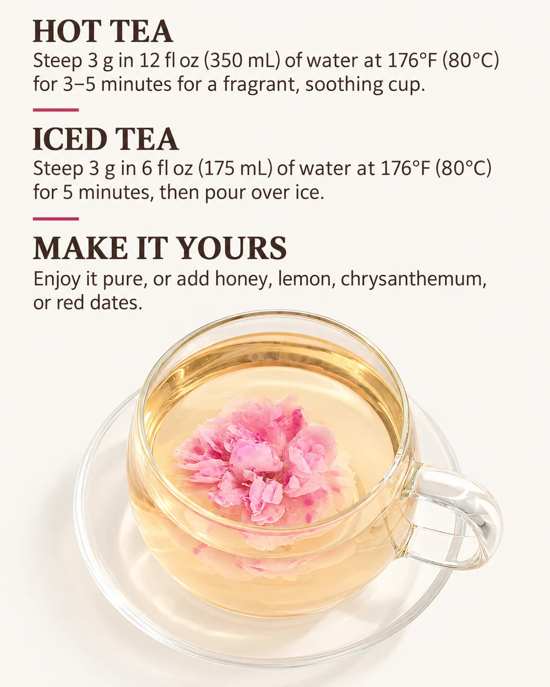 Treasured Rose tea brewing guide with hot and iced instructions and serving suggestions, alongside a glass cup of rose tea.