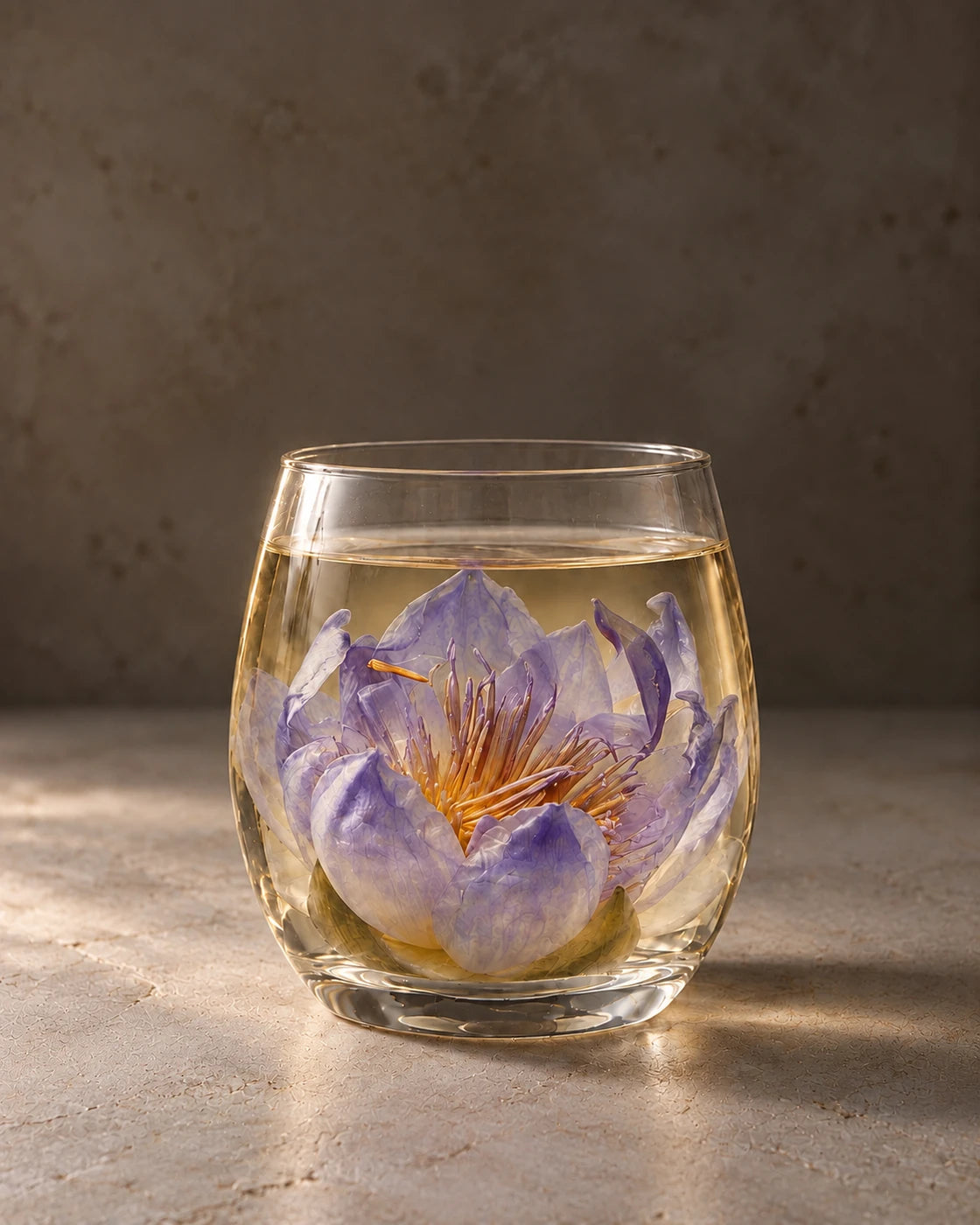 A whole blue lotus flower with lavender petals and golden stamens steeping in pale golden tea in a clear glass tumbler.