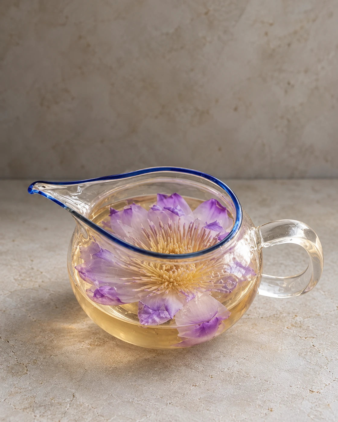 A whole blue lotus flower steeping in pale golden tea in a round glass pitcher with a blue rim.