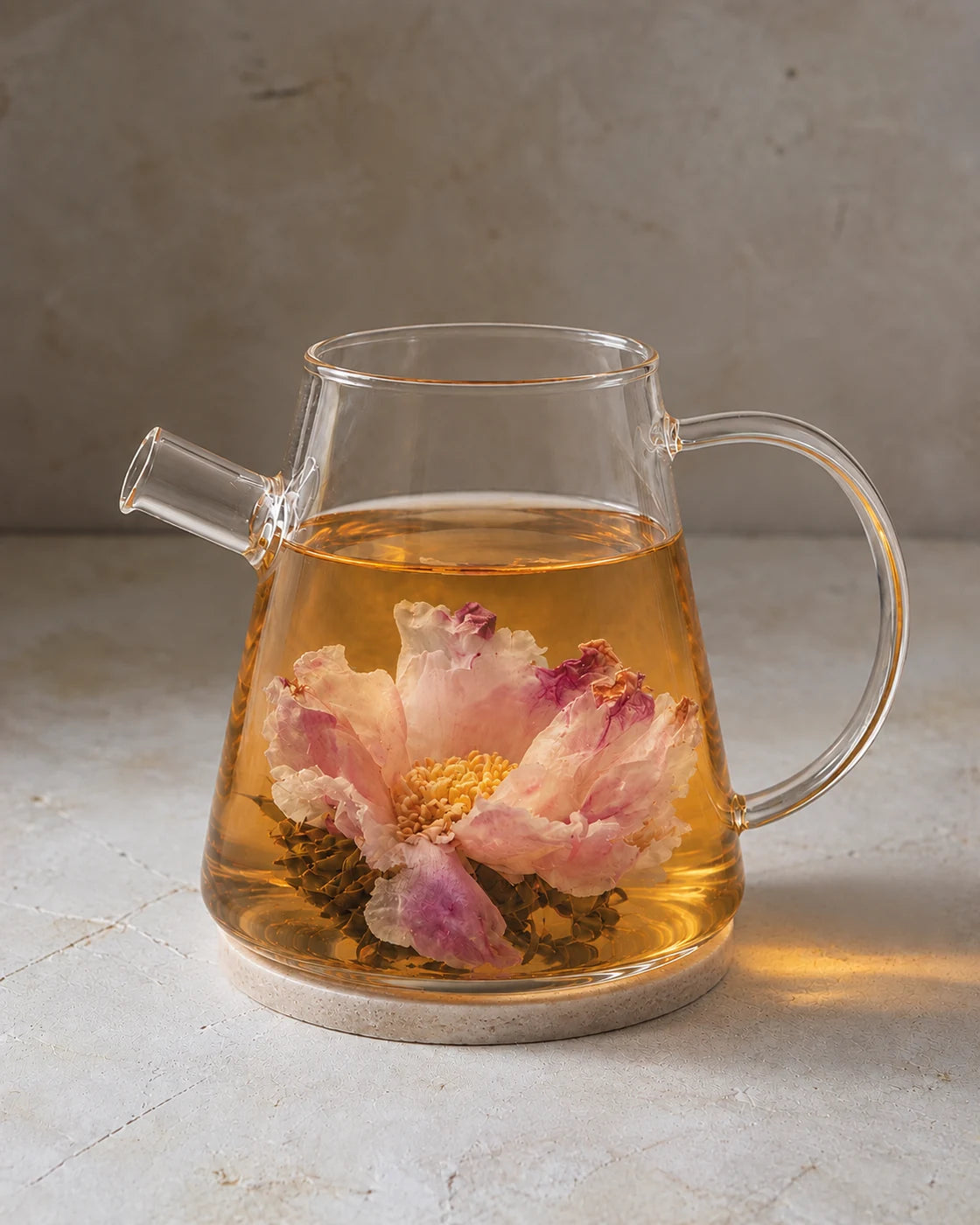 A pink peony and black tea leaves unfurled in amber tea inside a clear glass teapot on a round coaster.