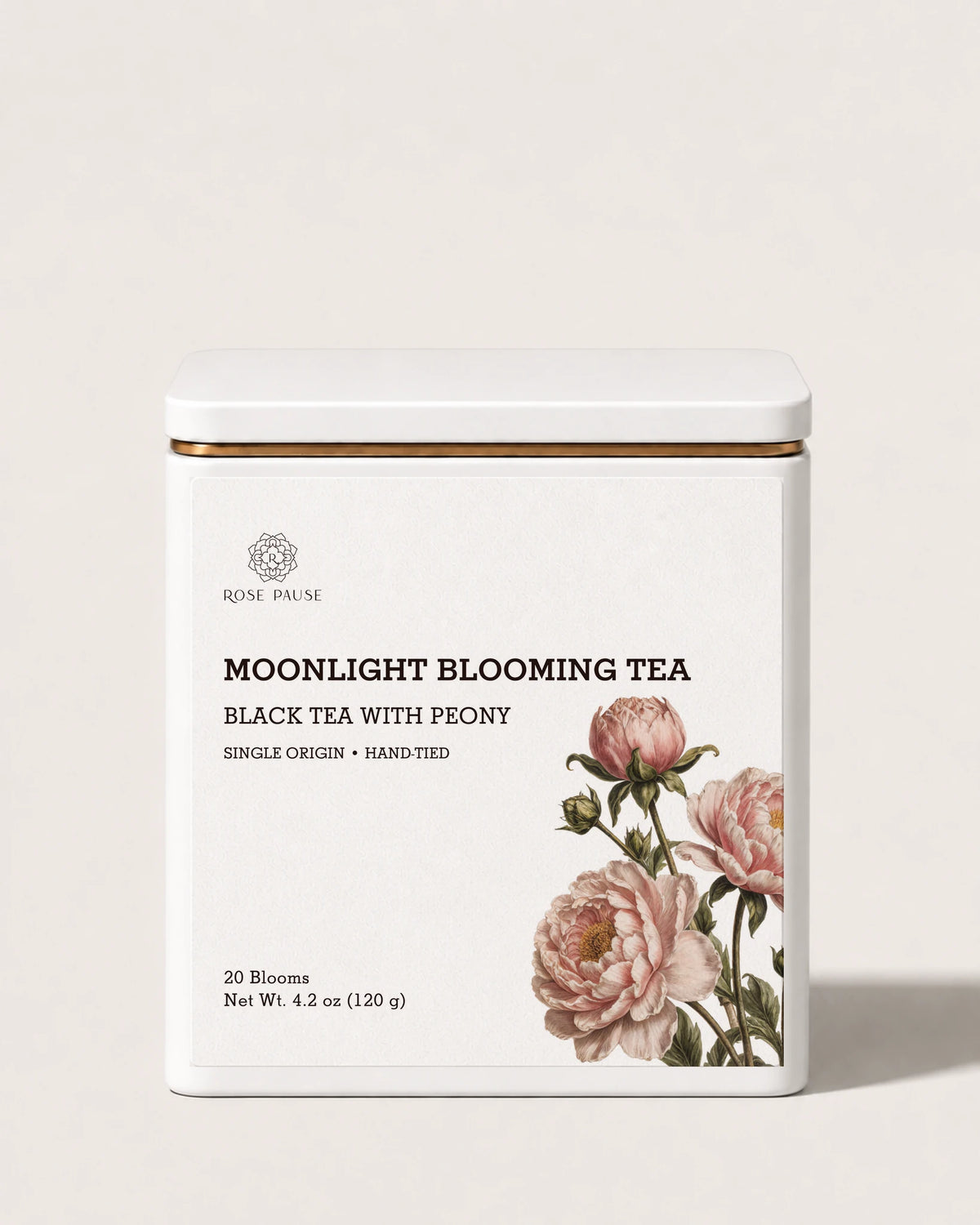 Rose Pause Moonlight Blooming Tea in a white tin labeled Black Tea with Peony, containing 20 blooms.