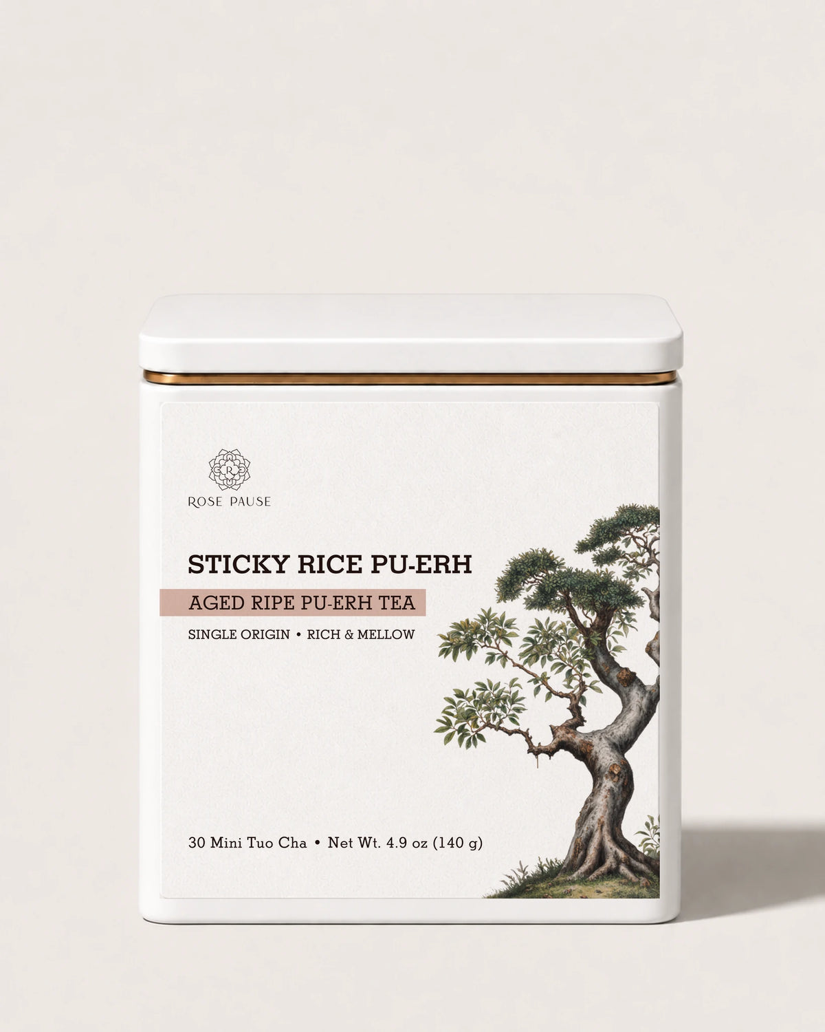Rose Pause Sticky Rice Ripe Pu-erh Mini Tuo Cha in a white tin with a botanical tree label, containing 30 pieces.