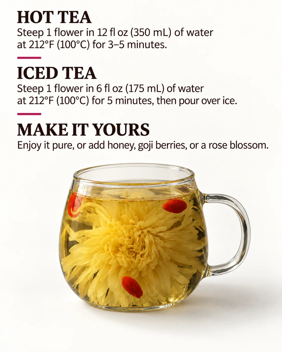 Royal chrysanthemum tea brewing guide with hot and iced instructions and serving suggestions, beside a mug with goji berries.