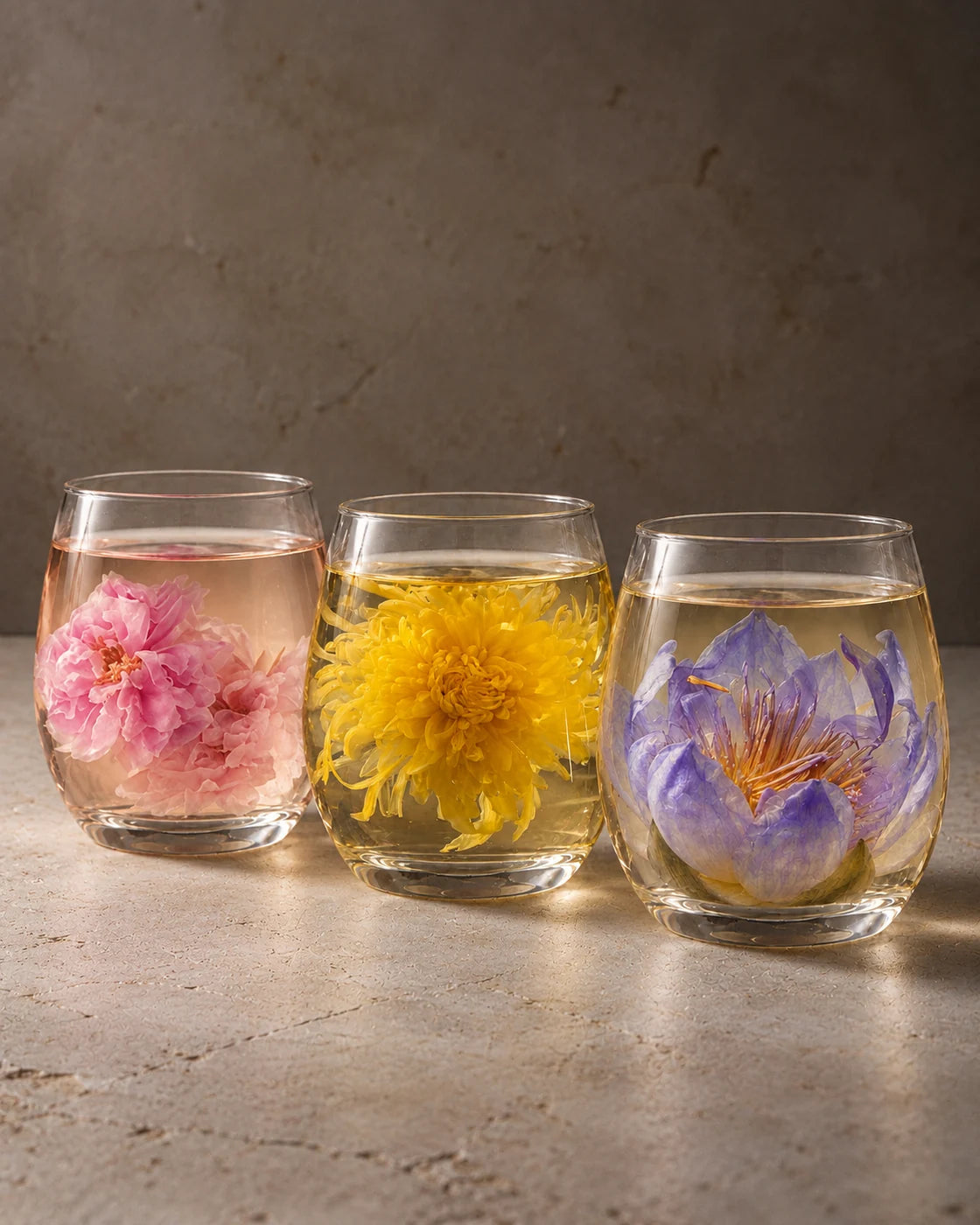 Three glasses of whole flower tea featuring pink rose blossoms, a golden chrysanthemum and a purple blue lotus.
