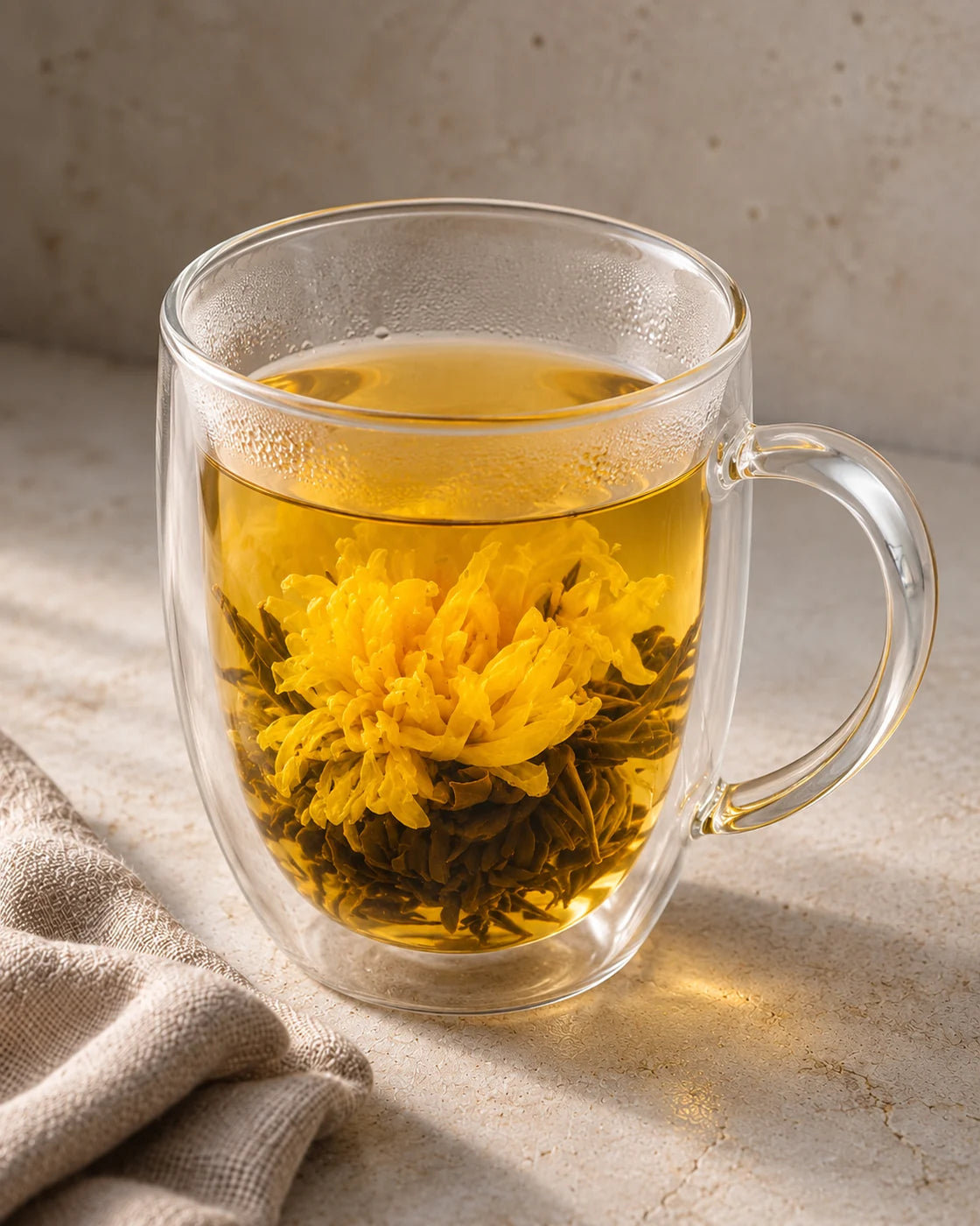 A golden chrysanthemum and hand-tied black tea leaves opened in amber tea inside a double-walled glass mug.