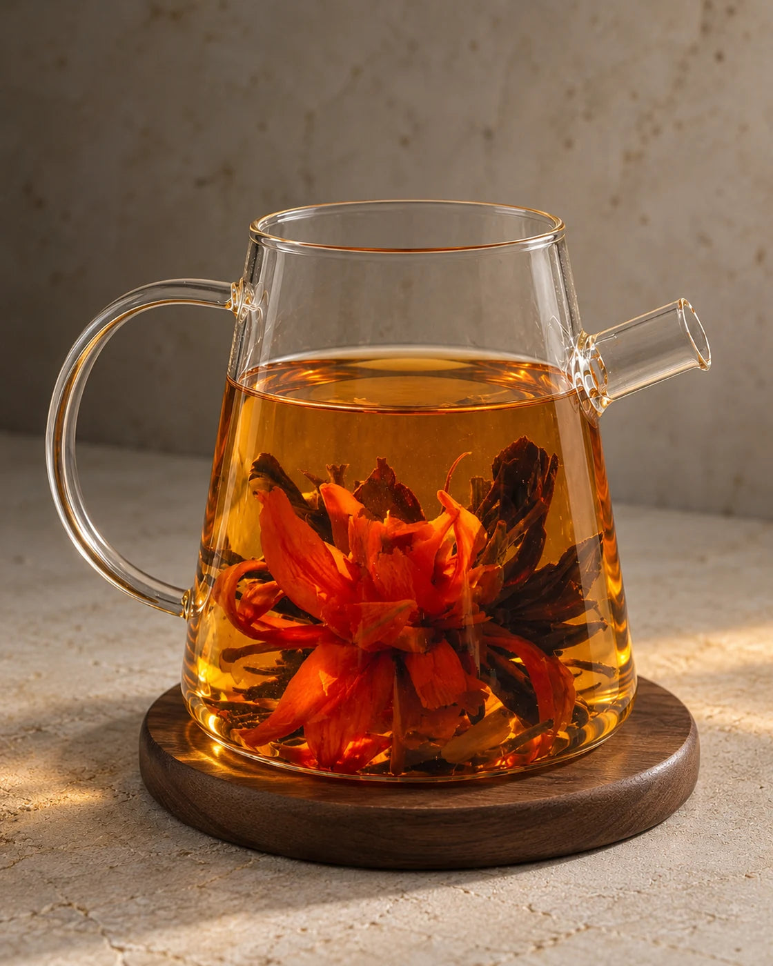 Orange lilies and black tea leaves unfurled in amber tea inside a clear glass teapot on a wooden coaster.